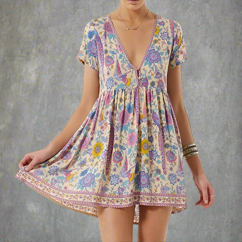 Boho Beach Hut Beach Dress, Boho Dress, Summer Dress, mini dress, floral dress, short sleeve dress, blue dress, vintage dress, boho chic dress, plus size dress Boho Vintage Floral Print Mini Dress