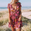 Boho Beach Hut Beach Dress, Chic Dress, Boho Dress, Summer Dress, Sun Dress, Mini Dress, pink dress, floral dress, short sleeve dress Boho Daisy Floral Print Mini Dress Pink / S