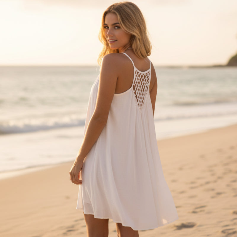 Boho Beach Hut Beach Dress, Chic Dress, Boho Dress, Summer Dress, Sun Dress, Mini Dress, white dress, black dress, blue dress, pink dress, orange dress, yellow, sleeveless dress, cover up, plus size dress Sleeveless Summer Beach Dress White / S