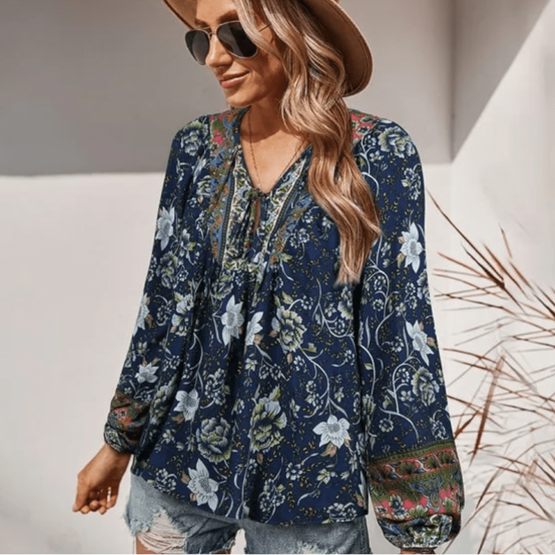 Boho Beach Hut Blouses & Shirts Boho Chic Floral Blouse Blue / S