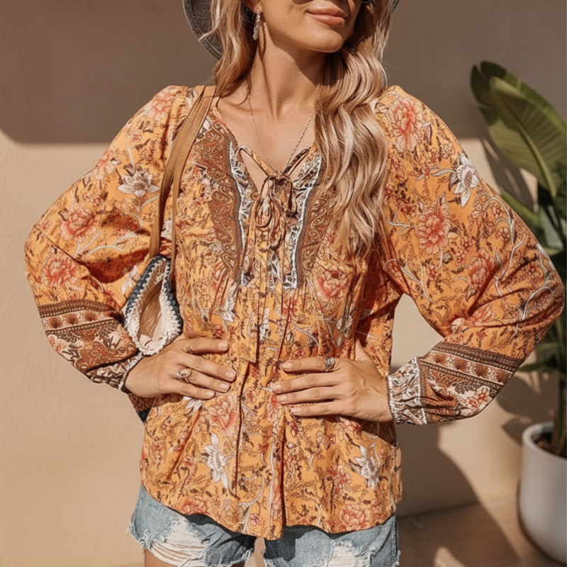 Boho Beach Hut Blouses & Shirts Boho Chic Floral Blouse Orange / S