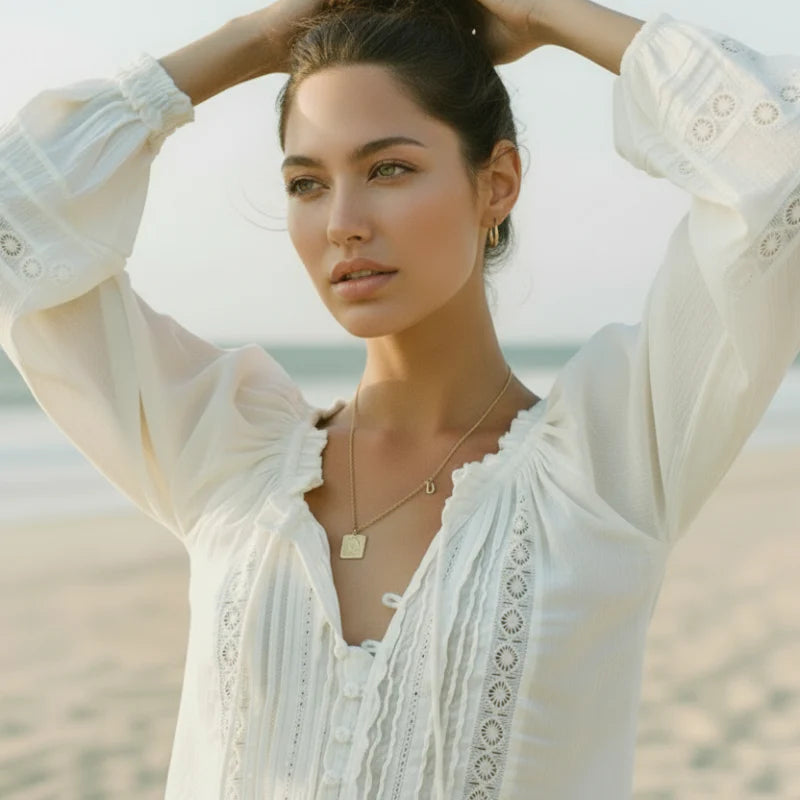 Boho Beach Hut Blouses & Shirts Boho Vintage White Long Sleeve Blouse