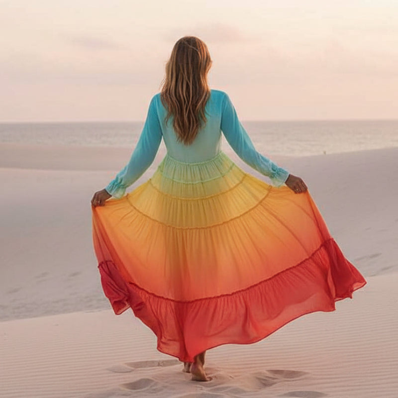 Boho Beach Hut Boho Dress, plus size dress, Beach Dress, Summer Dress, Maxi Dress, Chic Dress, Long Dress, Below knee dress, Sun Dress, rainbow dress, colorful dress, flowy dress Bohemian Rainbow Tiered Maxi Dress