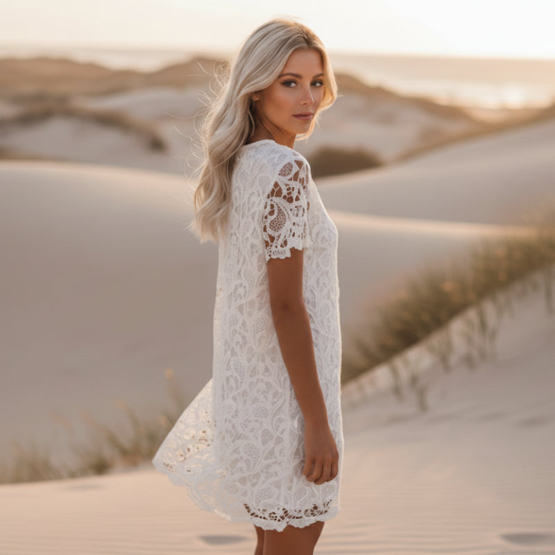 Boho Beach Hut Boho Mini Dress, Short Dress, White Summer Dress White Lace Boho Mini Dress