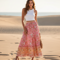 Boho Beach Hut Boho Skirt, Maxi Skirt Vintage Pink Floral Boho Maxi Skirt Pink / S