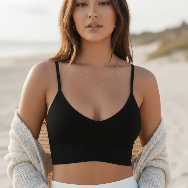 Boho Beach Hut Camis, Bras, Bralette, Crops Top Ribbed Knit Bustier Bralette Top Black / One Size