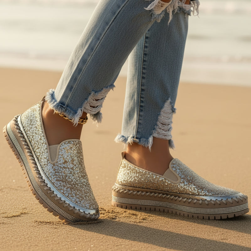 Boho Beach Hut Canvas Shoes, Slip On Shoes, Sneakers Sequined Platform Slip-On Flats Gold / 6