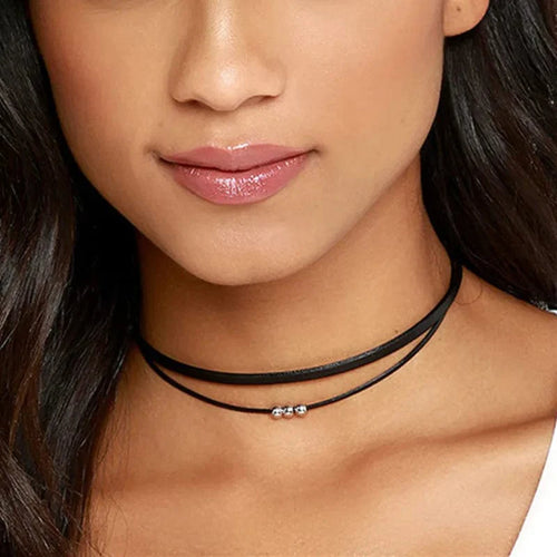 Boho Beach Hut Choker Necklaces Black Leather Choker Necklace Silver / One Size