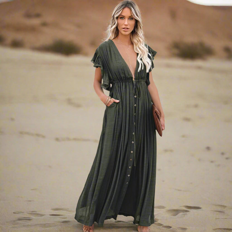Boho Beach Hut Cover-Ups, Dress, maxi dress, white dress, short sleeve dress, v neck dress, plus size dress Boho Casual Summer Beach Cover Up Dress Army Green / One Size