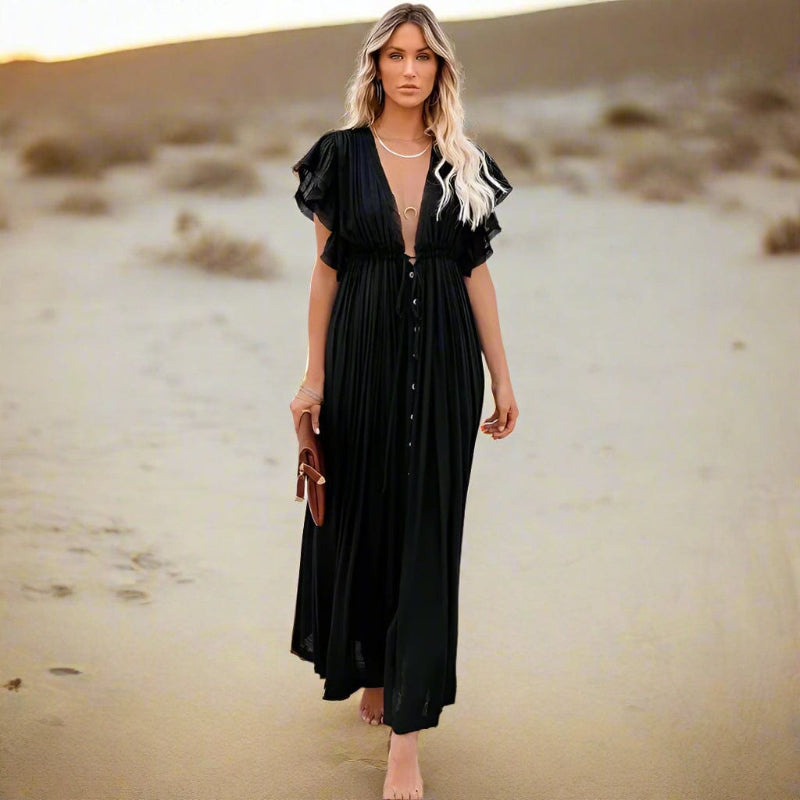 Boho Beach Hut Cover-Ups, Dress, maxi dress, white dress, short sleeve dress, v neck dress, plus size dress Boho Casual Summer Beach Cover Up Dress Black / One Size