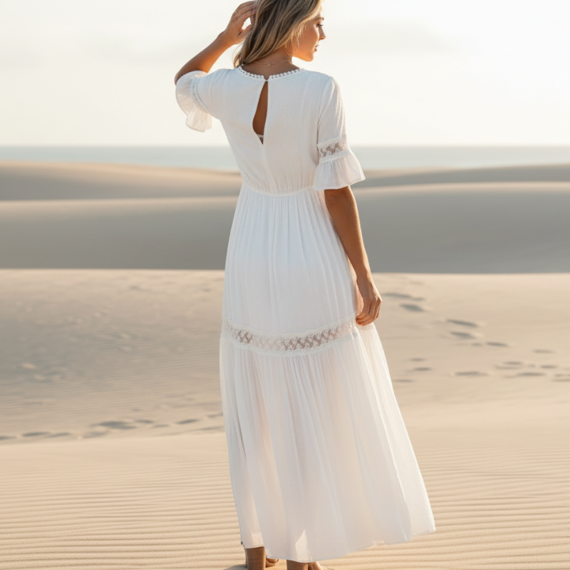 Boho Beach Hut Dress, Maxi Dress White Lace High Waist Boho Maxi Dress