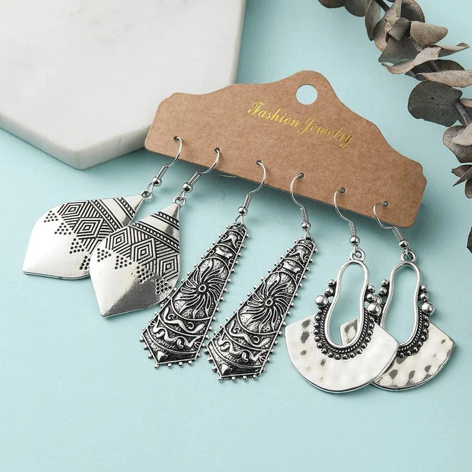 Boho Beach Hut Earrings, Drop Earrings, Silver Earrings, Earring Set Silver Vintage Drop Earring Set Silver / One Size