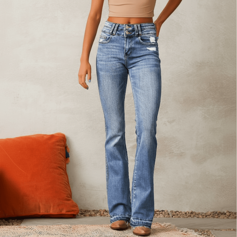 Boho Beach Hut Jeans, Denim Jeans, Pants Vintage Bootcut Ripped Jeans Light Blue / S