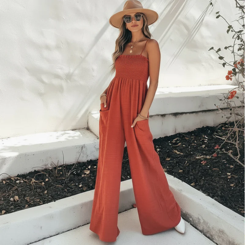 Boho Beach Hut Jumpsuits & Rompers Casual Spaghetti Strap Jumpsuit Rompers Red / S