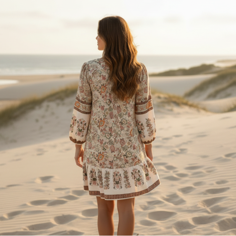 Boho Beach Hut Mini Dress, Summer Dress Boho Floral Mini Dress