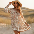Boho Beach Hut Mini Dress, Summer Dress Boho Floral Mini Dress Off White / S