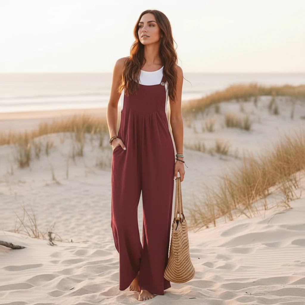 Boho Beach Hut Overalls, Jumpsuit Boho Casual Flare Leg Jumpsuit Overalls Burgundy / S