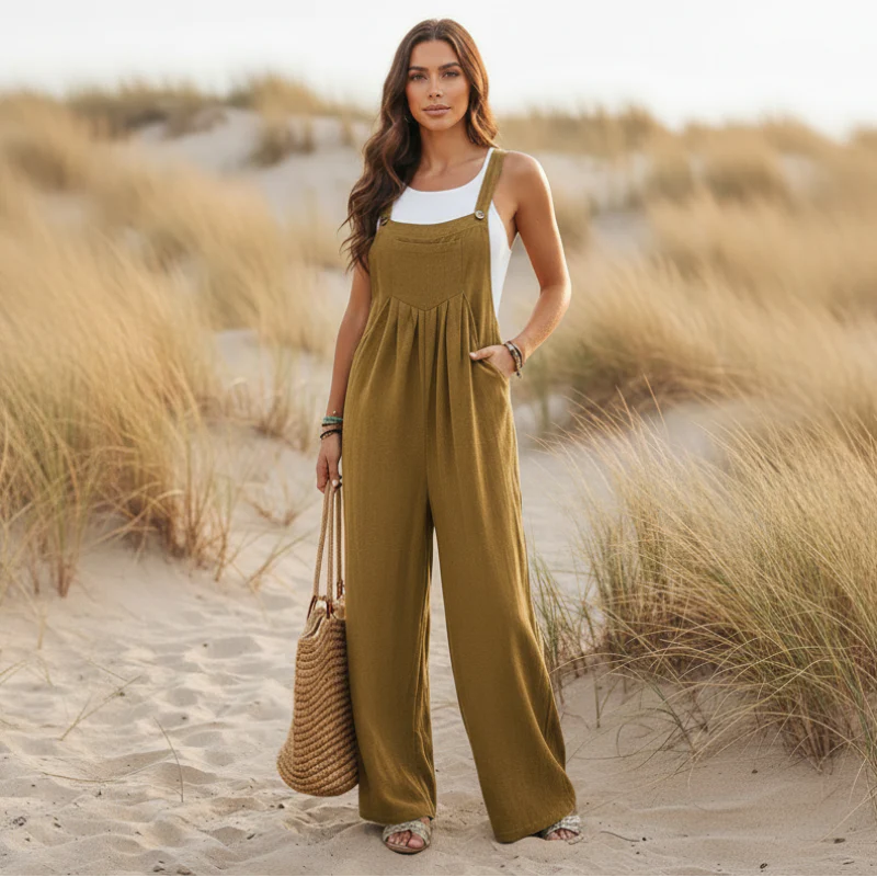 Boho Beach Hut Overalls, Jumpsuit Boho Casual Flare Leg Jumpsuit Overalls Dark Khaki / S