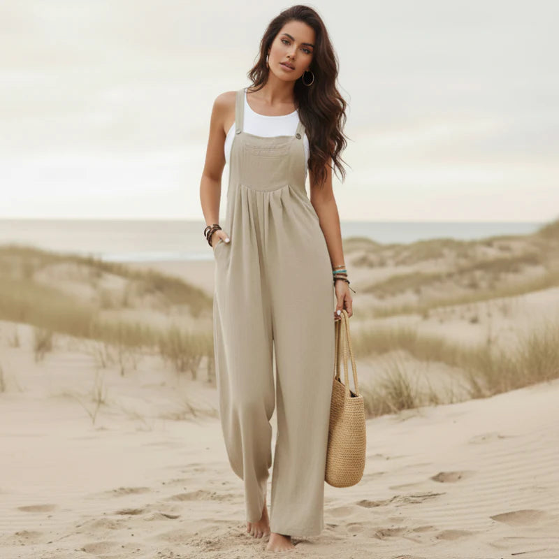 Boho Beach Hut Overalls, Jumpsuit Boho Casual Flare Leg Jumpsuit Overalls Khaki / S
