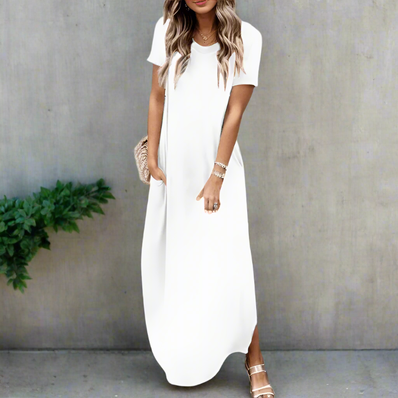 Boho Beach Hut Plus Size dress, short sleeve dress, Beach Dress, Chic Dress, Summer Dress, Maxi Dress, long dress, black dress, burgundy dress, blue dress, navy dress, gray dress, brown dress, casual dress Casual T-Shirt Maxi Dress White / S