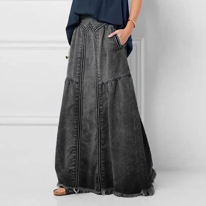 Boho Beach Hut Skirt, Maxi Skirt Bohemian Style Denim Maxi Skirt Black / S
