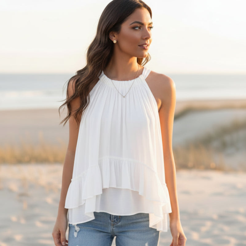 Boho Beach Hut Sleeveless Blouse, Tank Top, Sleeveless Shirt, Crop Top Boho Ruffled Sleeveless Crop Top White / S