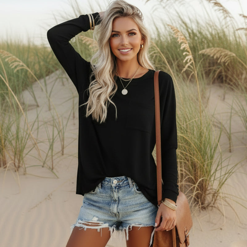 Boho Beach Hut T-Shirts, Long Sleeve Shirt, Plus size long sleeve Black / S Casual Long Sleeve Shirt with Pocket