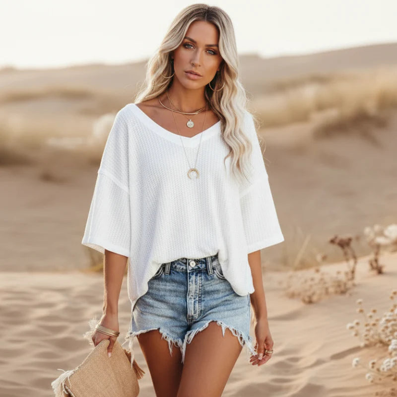 Boho Beach Hut T-Shirts, Short Sleeve Shirt Oversized Casual V-Neck Shirt White / S