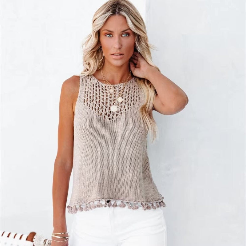 Boho Beach Hut Tank Top, Sleeveless Shirt Boho Knit Tassel Sleeveless Top Khaki / S