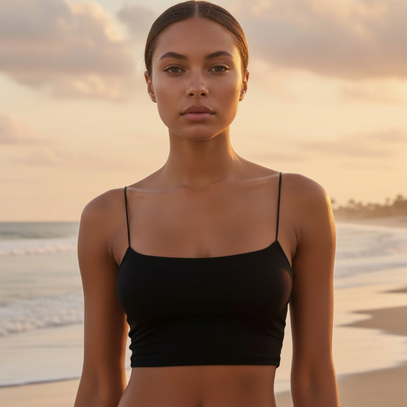 Boho Beach Hut Tank Top, Sleeveless Shirt, Crop Top, Cami Top Solid Spaghetti Strap Crop Cami Black / S