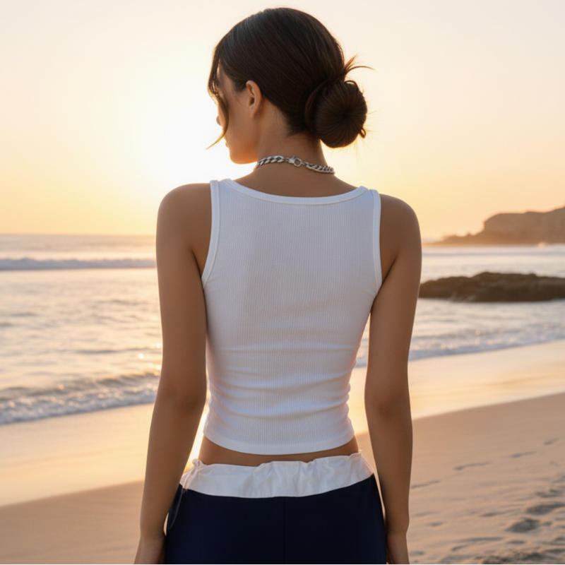 Boho Beach Hut Tank Top, Sleeveless Shirt, Crop Top Square Neck Ribbed Crop Tank