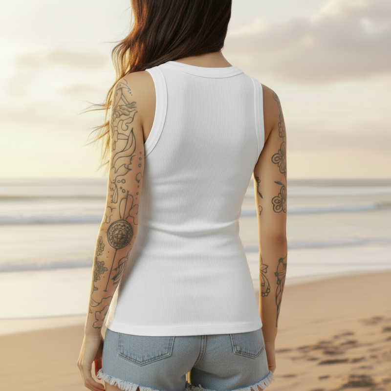 Boho Beach Hut Tank Top, Sleeveless Shirt Solid Ribbed High Neck Tank Top